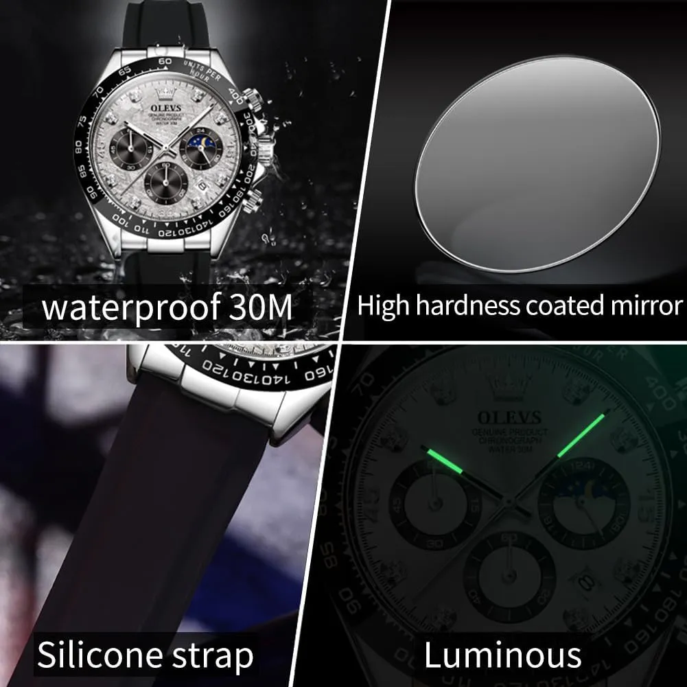 OLEVS Men's Watches Chronograph Multifunction Sport Silicone Luxury Diamond Moon Phase Quartz Male Watch Waterproof Wrist Watch …