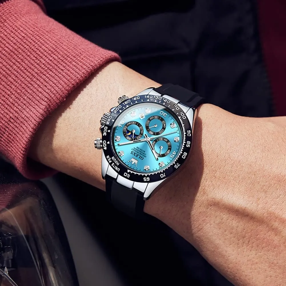 OLEVS Men's Watches Chronograph Multifunction Sport Silicone Luxury Diamond Moon Phase Quartz Male Watch Waterproof Wrist Watch …
