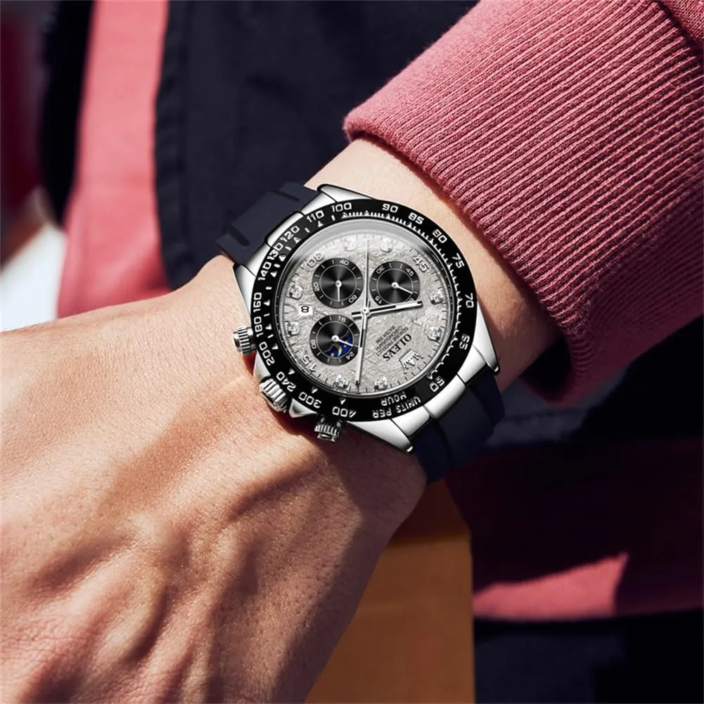 OLEVS Men's Watches Chronograph Multifunction Sport Silicone Luxury Diamond Moon Phase Quartz Male Watch Waterproof Wrist Watch …