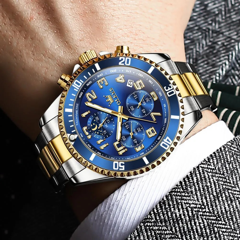 OLEVS Mens Watches Chronograph Watch Luxury Dress Stainless Steel Waterproof Watches for Men Moon Phase Luminous Business Calendar Wrist Watch Blue/Black/Green/Gold/Face