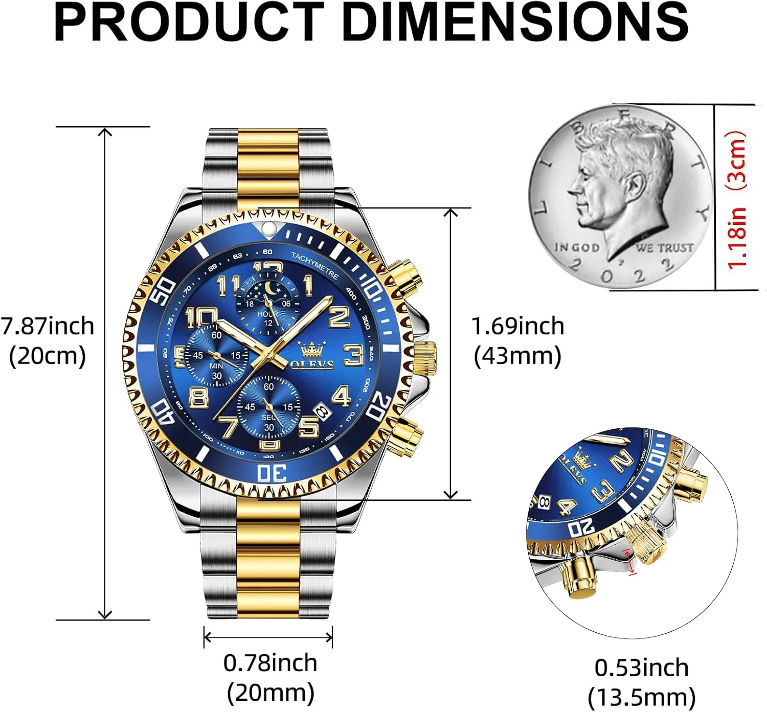 OLEVS Mens Watches Chronograph Watch Luxury Dress Stainless Steel Waterproof Watches for Men Moon Phase Luminous Business Calendar Wrist Watch Blue/Black/Green/Gold/Face