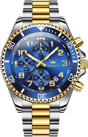 OLEVS Mens Watches Chronograph Watch Luxury Dress Stainless Steel Waterproof Watches for Men Moon Phase Luminous Business Calendar Wrist Watch Blue/Black/Green/Gold/Face
