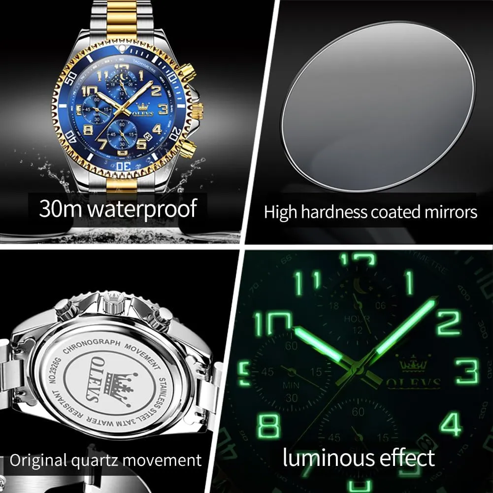 OLEVS Mens Watches Chronograph Watch Luxury Dress Stainless Steel Waterproof Watches for Men Moon Phase Luminous Business Calendar Wrist Watch Blue/Black/Green/Gold/Face