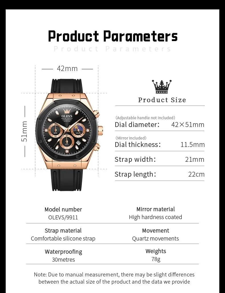 OLEVS Mens Watches Chronograph Waterproof Luminous Silicon Strap Multifunction Watches for Men Quartz Business Calendar Men Wrist Watch