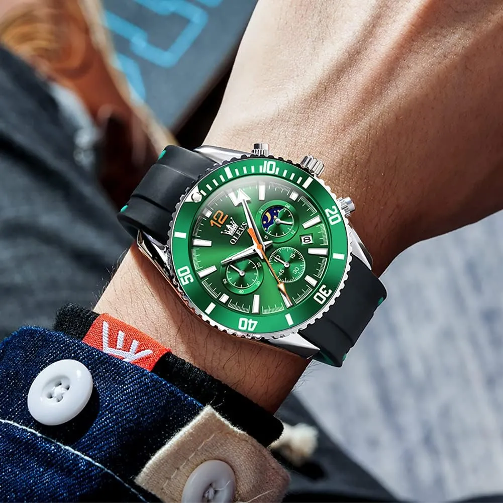 OLEVS Mens Watches Chronograph Waterproof Luminous Silicon Strap Multifunction Watches for Men Quartz Business Calendar Men Wrist Watch