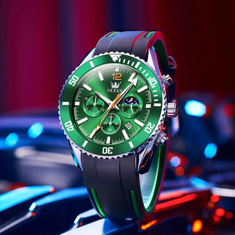 OLEVS Mens Watches Chronograph Waterproof Luminous Silicon Strap Multifunction Watches for Men Quartz Business Calendar Men Wrist Watch