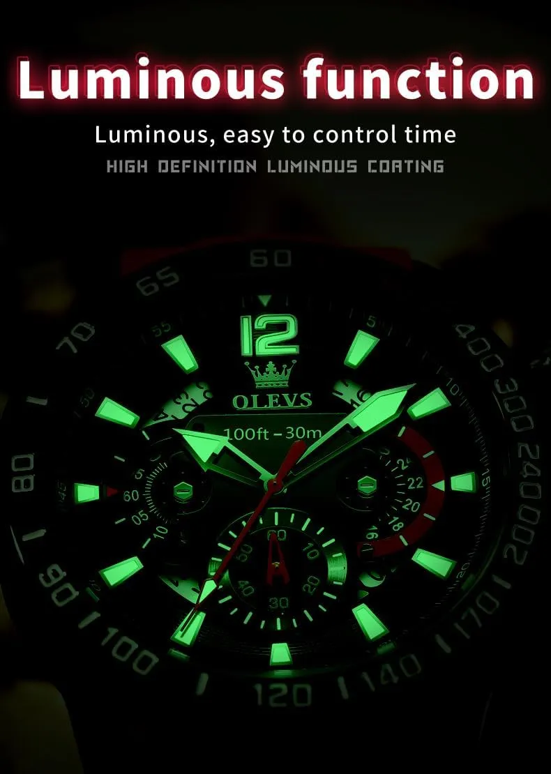 OLEVS Mens Watches Chronograph Waterproof Luminous Silicon Strap Multifunction Watches for Men Quartz Business Calendar Men Wrist Watch