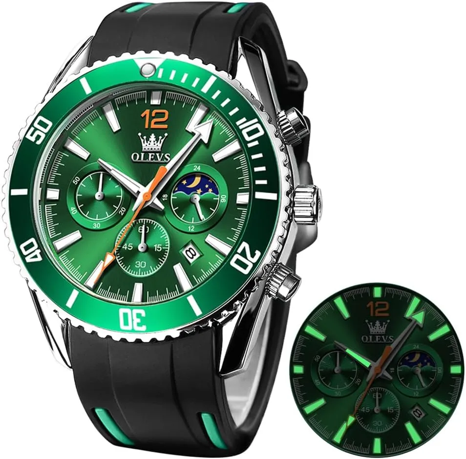 OLEVS Mens Watches Chronograph Waterproof Luminous Silicon Strap Multifunction Watches for Men Quartz Business Calendar Men Wrist Watch