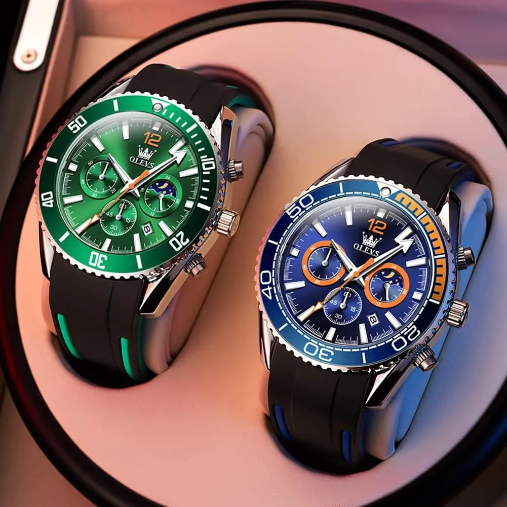 OLEVS Mens Watches Chronograph Waterproof Luminous Silicon Strap Multifunction Watches for Men Quartz Business Calendar Men Wrist Watch