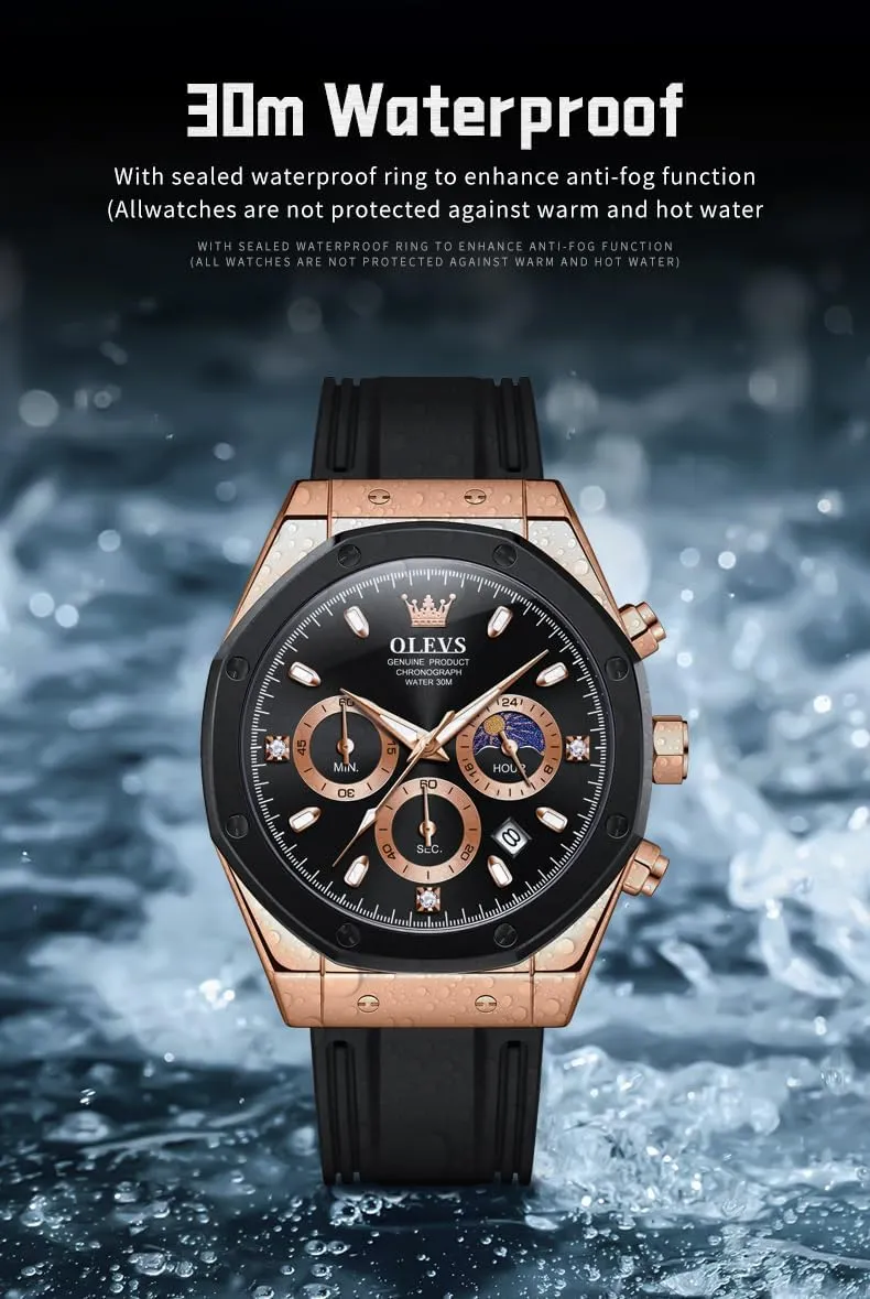 OLEVS Mens Watches Chronograph Waterproof Luminous Silicon Strap Multifunction Watches for Men Quartz Business Calendar Men Wrist Watch