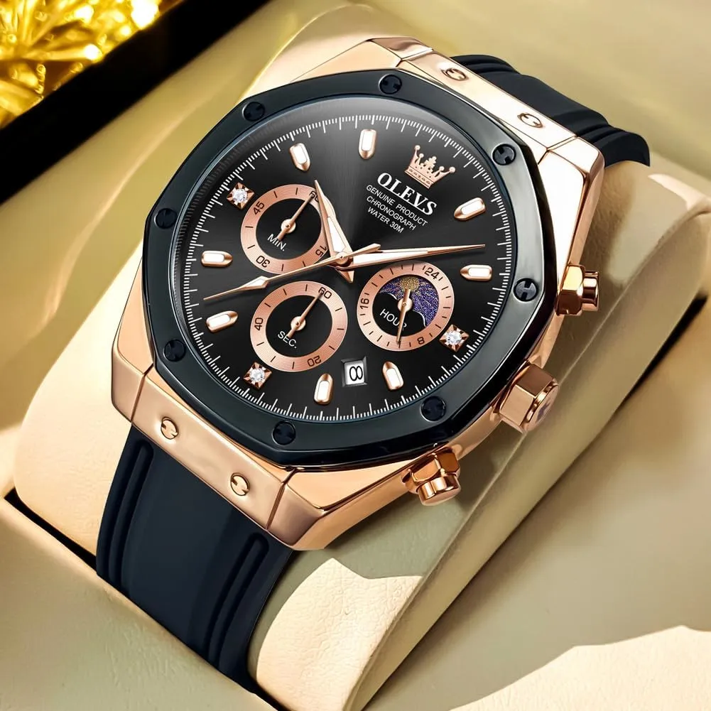 OLEVS Mens Watches Chronograph Waterproof Luminous Silicon Strap Multifunction Watches for Men Quartz Business Calendar Men Wrist Watch