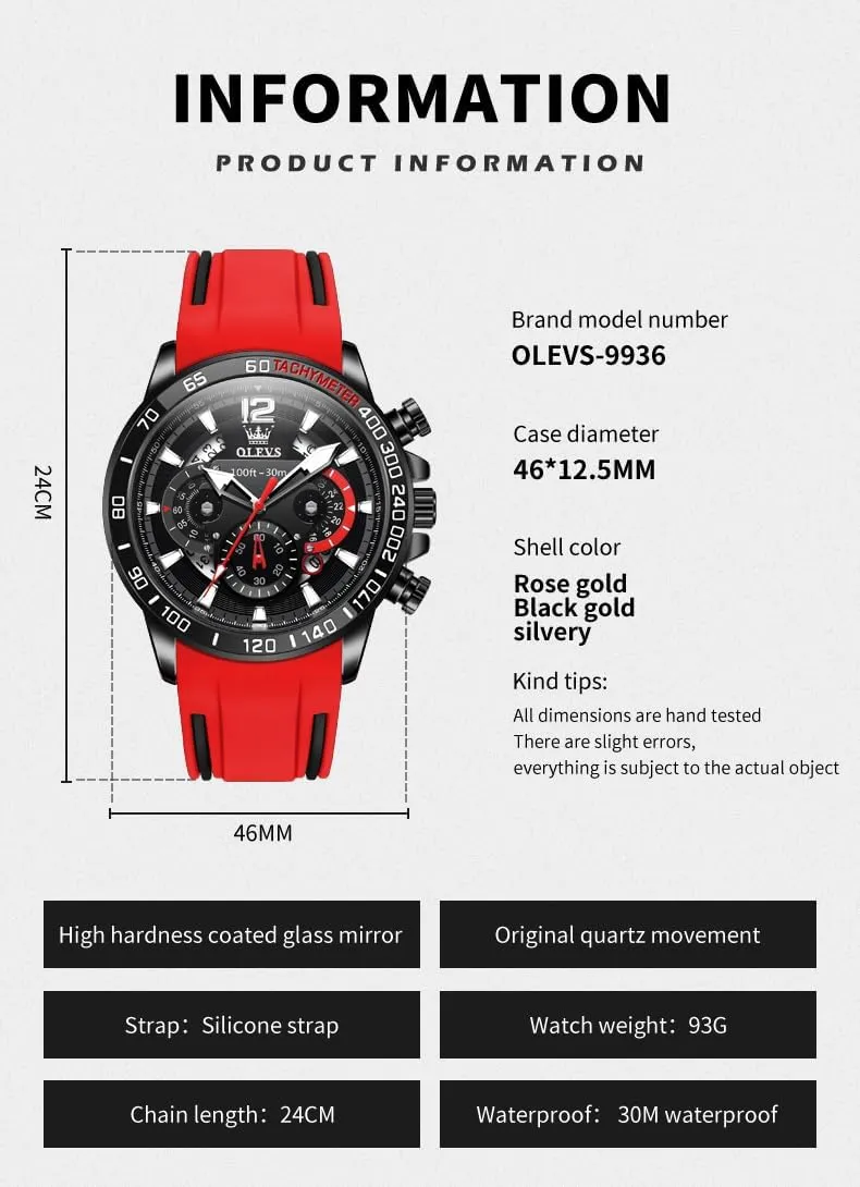 OLEVS Mens Watches Chronograph Waterproof Luminous Silicon Strap Multifunction Watches for Men Quartz Business Calendar Men Wrist Watch