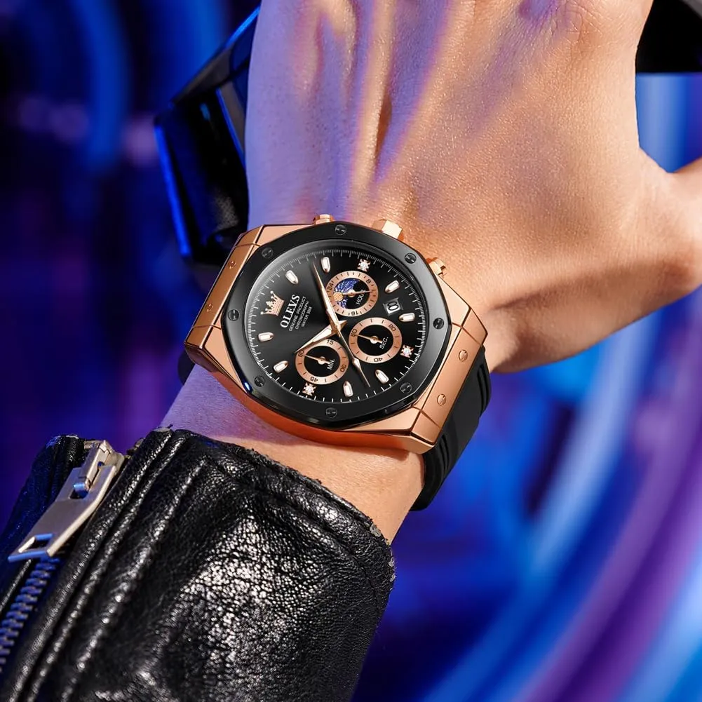 OLEVS Mens Watches Chronograph Waterproof Luminous Silicon Strap Multifunction Watches for Men Quartz Business Calendar Men Wrist Watch