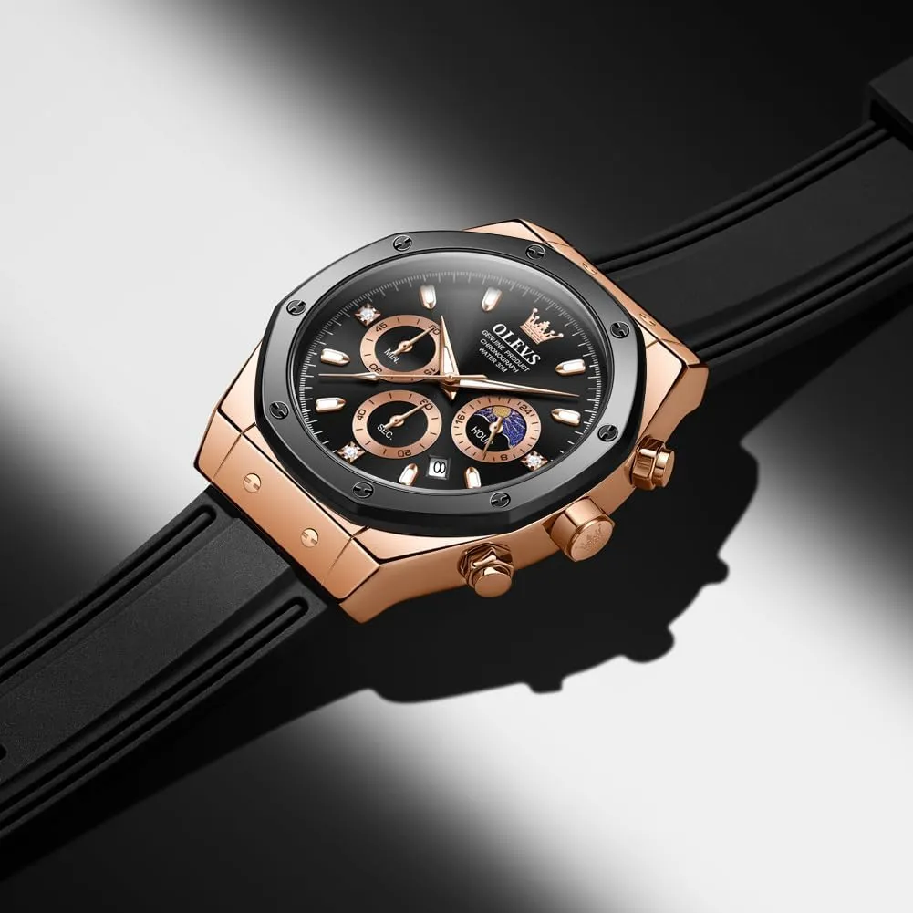 OLEVS Mens Watches Chronograph Waterproof Luminous Silicon Strap Multifunction Watches for Men Quartz Business Calendar Men Wrist Watch