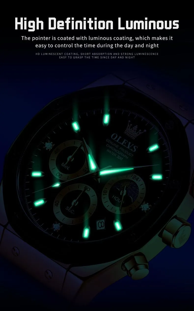 OLEVS Mens Watches Chronograph Waterproof Luminous Silicon Strap Multifunction Watches for Men Quartz Business Calendar Men Wrist Watch