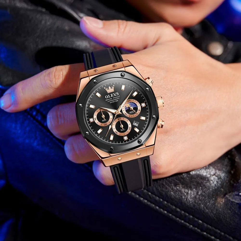 OLEVS Mens Watches Chronograph Waterproof Luminous Silicon Strap Multifunction Watches for Men Quartz Business Calendar Men Wrist Watch