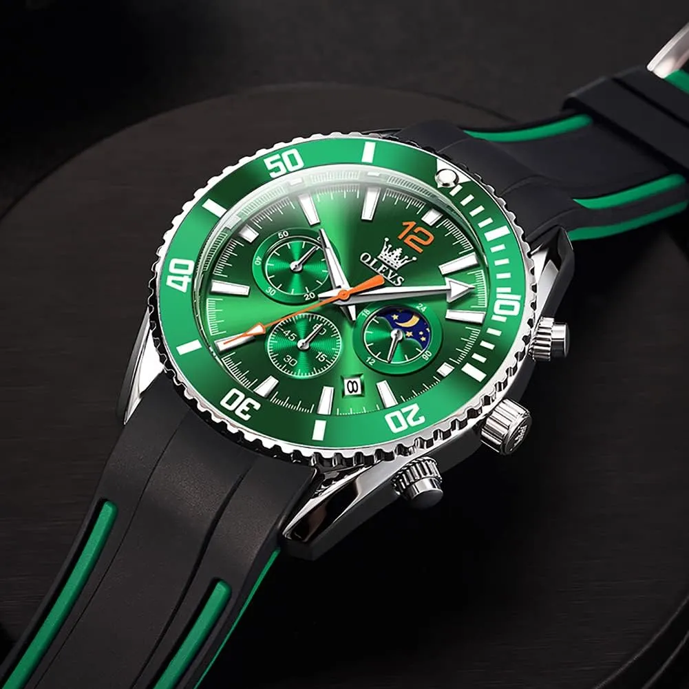 OLEVS Mens Watches Chronograph Waterproof Luminous Silicon Strap Multifunction Watches for Men Quartz Business Calendar Men Wrist Watch
