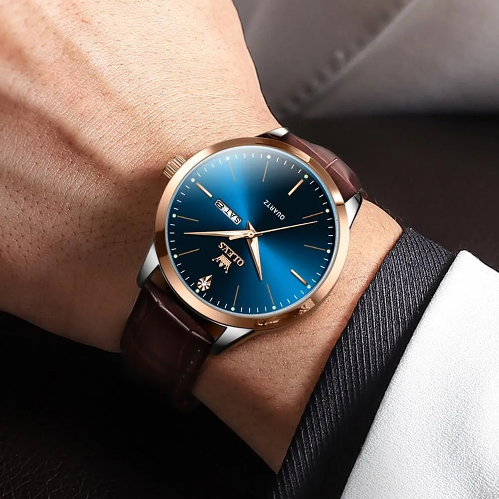 OLEVS Mens Watches, Dress Waterproof Classic Analog Casual Luxury Wrist Watch for Men with Date, Easy to Read Relojes para Hombres Male Quartz Wristwatch with Brown Black Leather Band Blue Black Dial