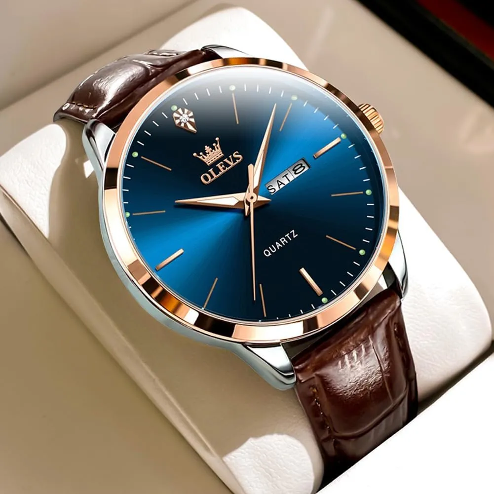 OLEVS Mens Watches, Dress Waterproof Classic Analog Casual Luxury Wrist Watch for Men with Date, Easy to Read Relojes para Hombres Male Quartz Wristwatch with Brown Black Leather Band Blue Black Dial