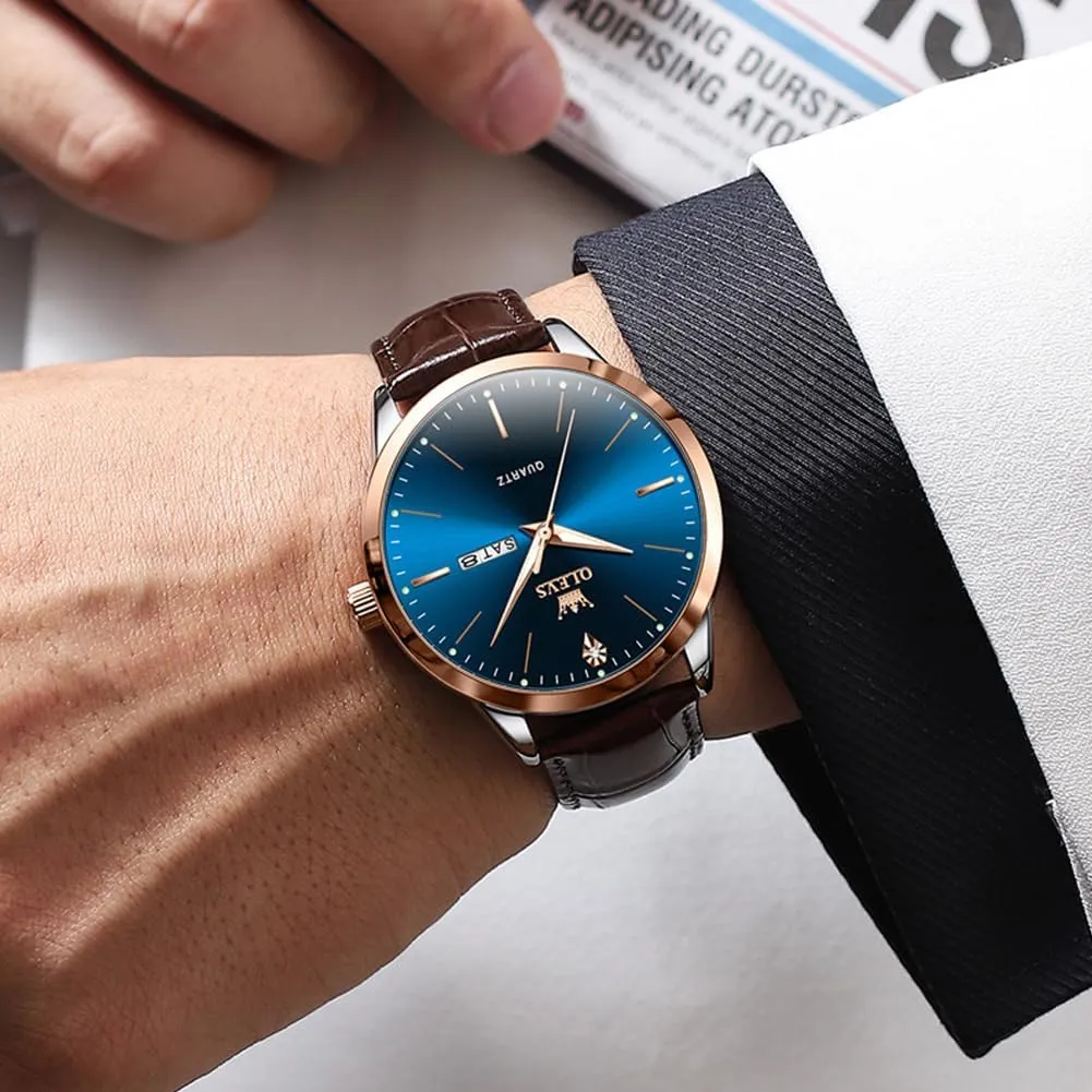 OLEVS Mens Watches, Dress Waterproof Classic Analog Casual Luxury Wrist Watch for Men with Date, Easy to Read Relojes para Hombres Male Quartz Wristwatch with Brown Black Leather Band Blue Black Dial