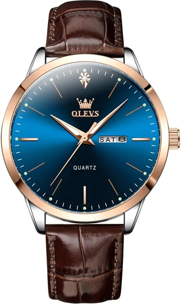 OLEVS Mens Watches, Dress Waterproof Classic Analog Casual Luxury Wrist Watch for Men with Date, Easy to Read Relojes para Hombres Male Quartz Wristwatch with Brown Black Leather Band Blue Black Dial