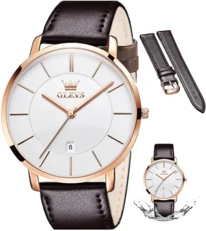OLEVS Mens Watches Mens Leather Watch Ultra Thin Watches for Men Minimalist Watch with Leather Band Quartz Analog Dress Casual Simple Lightweight relojes para Hombres