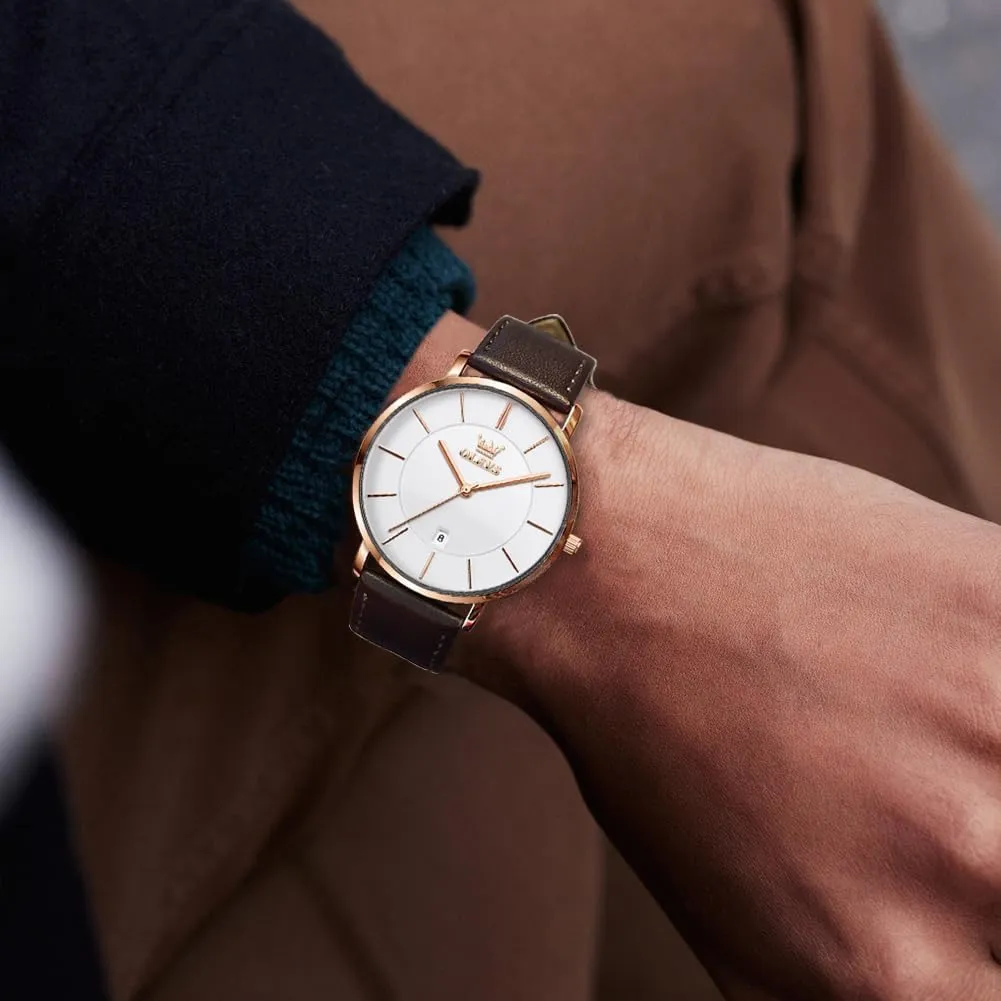 OLEVS Mens Watches Mens Leather Watch Ultra Thin Watches for Men Minimalist Watch with Leather Band Quartz Analog Dress Casual Simple Lightweight relojes para Hombres