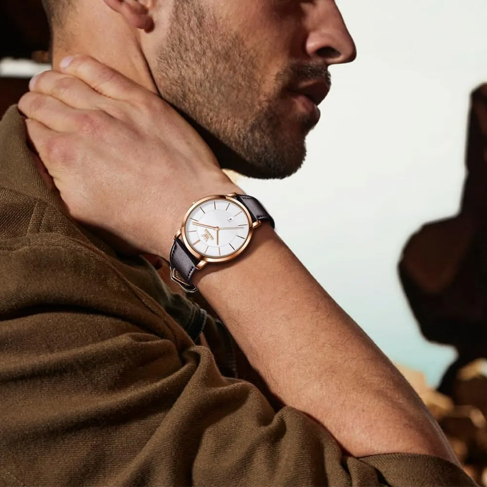 OLEVS Mens Watches Mens Leather Watch Ultra Thin Watches for Men Minimalist Watch with Leather Band Quartz Analog Dress Casual Simple Lightweight relojes para Hombres