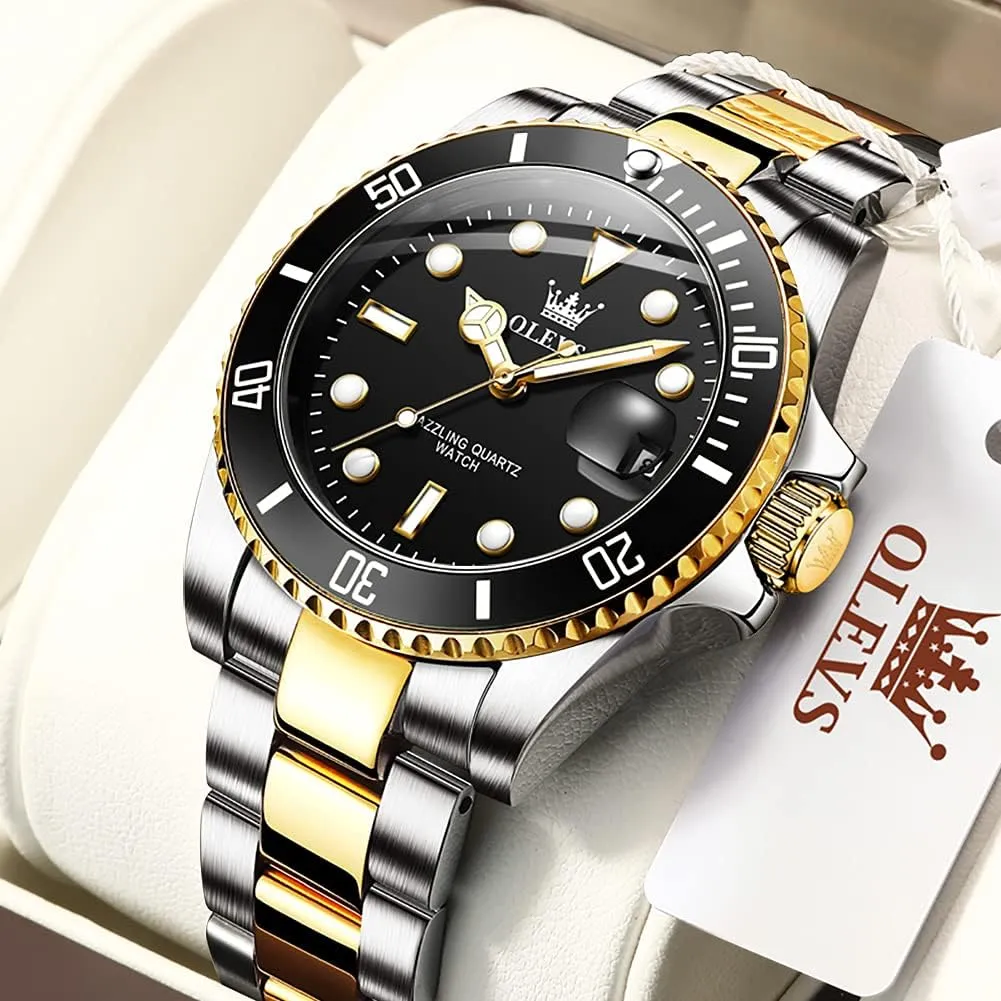 OLEVS Mens Watches, Silver Dress Gold Classic Luxury Big Large Face Waterproof Watches for Men, Analog Two Tone Stainless Steel Men Wrist Watch with Date Relojes De Hombre (Green/Blue/Black Dial