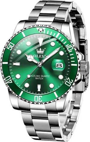 OLEVS Mens Watches, Silver Dress Gold Classic Luxury Big Large Face Waterproof Watches for Men, Analog Two Tone Stainless Steel Men Wrist Watch with Date Relojes De Hombre (Green/Blue/Black Dial