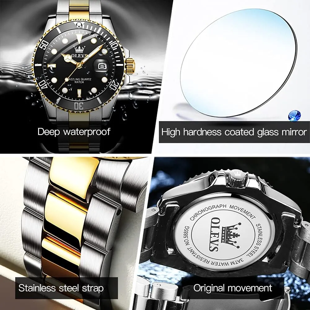 OLEVS Mens Watches, Silver Dress Gold Classic Luxury Big Large Face Waterproof Watches for Men, Analog Two Tone Stainless Steel Men Wrist Watch with Date Relojes De Hombre (Green/Blue/Black Dial