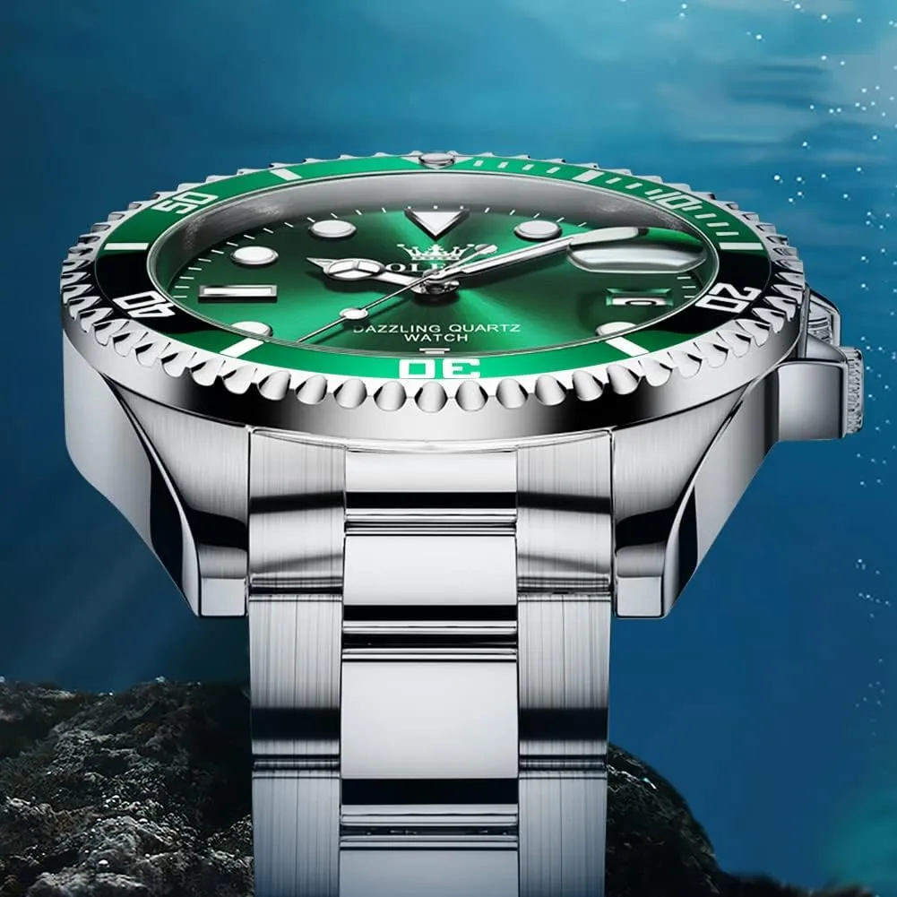 OLEVS Mens Watches, Silver Dress Gold Classic Luxury Big Large Face Waterproof Watches for Men, Analog Two Tone Stainless Steel Men Wrist Watch with Date Relojes De Hombre (Green/Blue/Black Dial