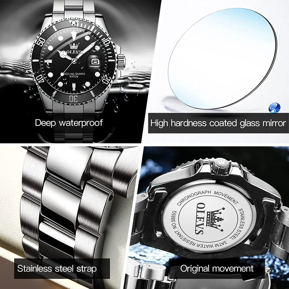 OLEVS Mens Watches, Silver Dress Gold Classic Luxury Big Large Face Waterproof Watches for Men, Analog Two Tone Stainless Steel Men Wrist Watch with Date Relojes De Hombre (Green/Blue/Black Dial