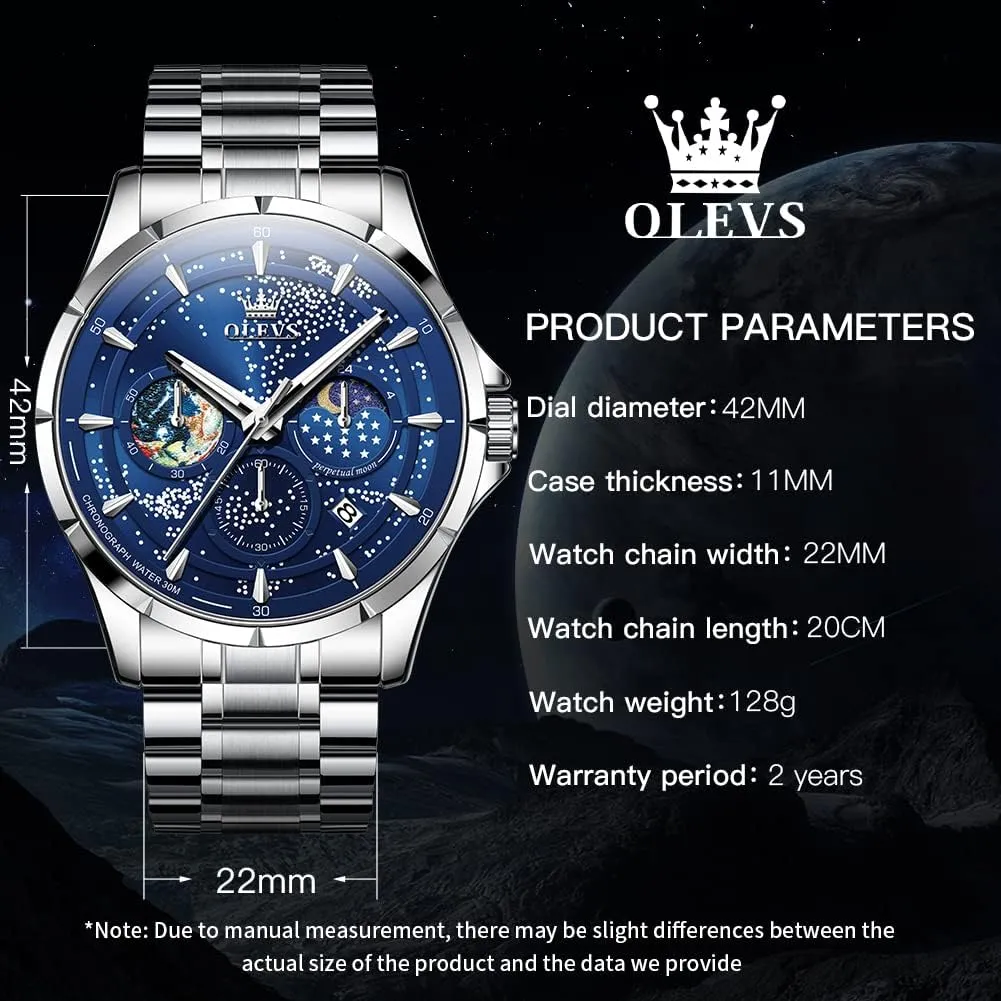 OLEVS Mens Watches Starry Sky Moon Phase Dial Luxury Business Dress Analog Quartz Classic Casual Date Wrist Watches Waterproof Luminous