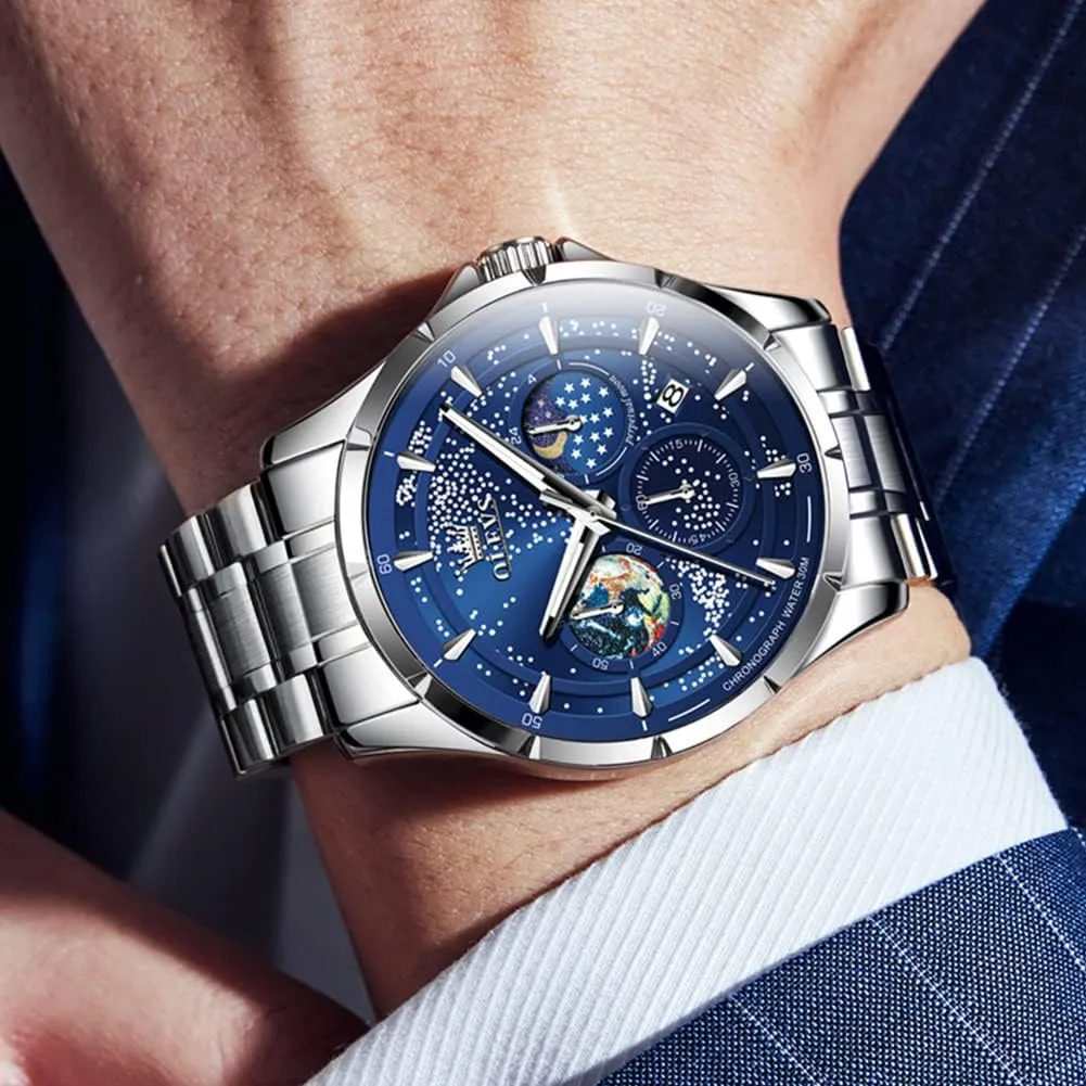 OLEVS Mens Watches Starry Sky Moon Phase Dial Luxury Business Dress Analog Quartz Classic Casual Date Wrist Watches Waterproof Luminous