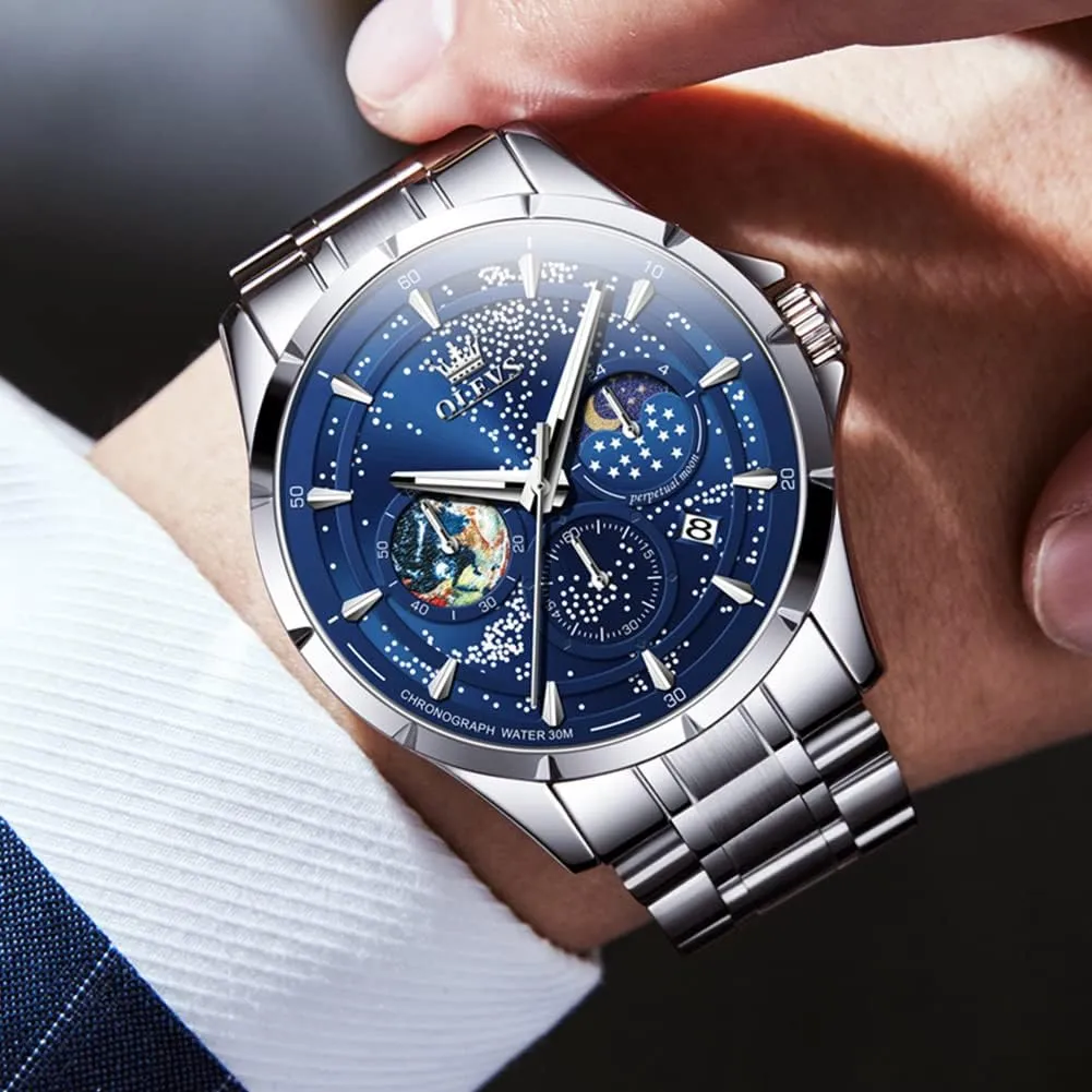 OLEVS Mens Watches Starry Sky Moon Phase Dial Luxury Business Dress Analog Quartz Classic Casual Date Wrist Watches Waterproof Luminous