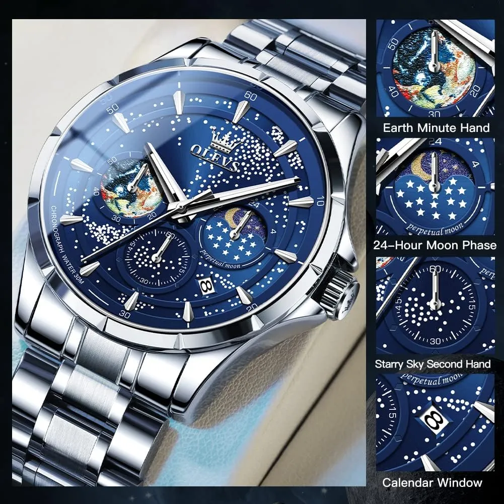 OLEVS Mens Watches Starry Sky Moon Phase Dial Luxury Business Dress Analog Quartz Classic Casual Date Wrist Watches Waterproof Luminous