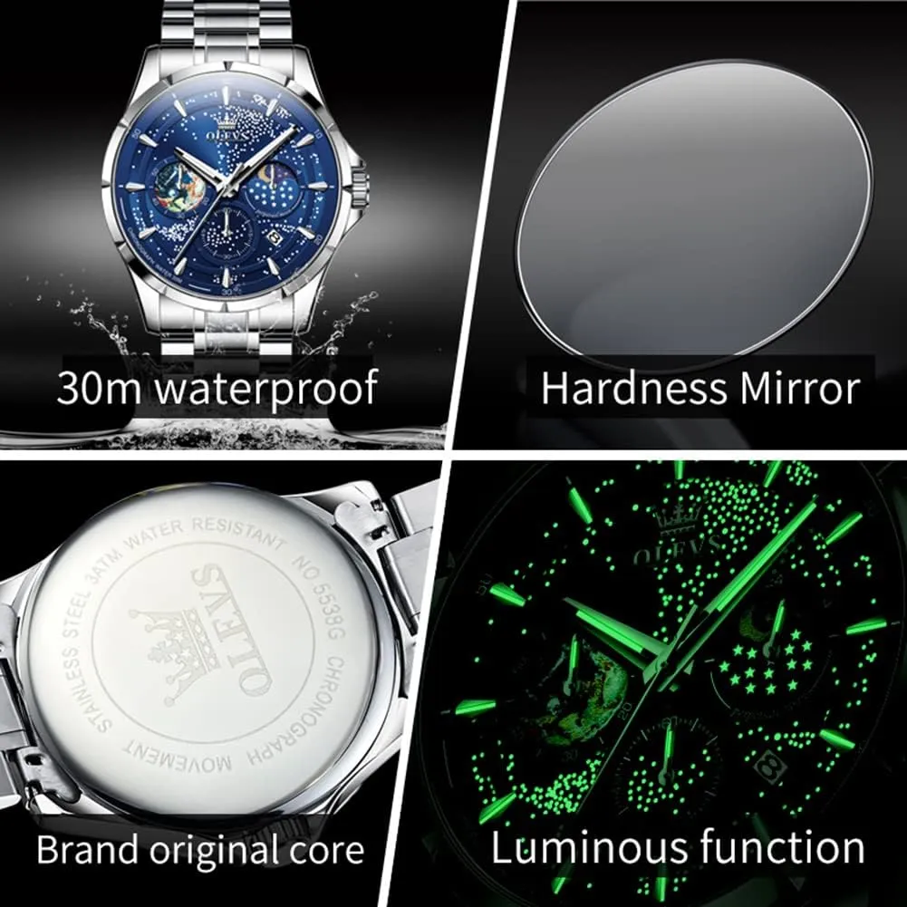 OLEVS Mens Watches Starry Sky Moon Phase Dial Luxury Business Dress Analog Quartz Classic Casual Date Wrist Watches Waterproof Luminous
