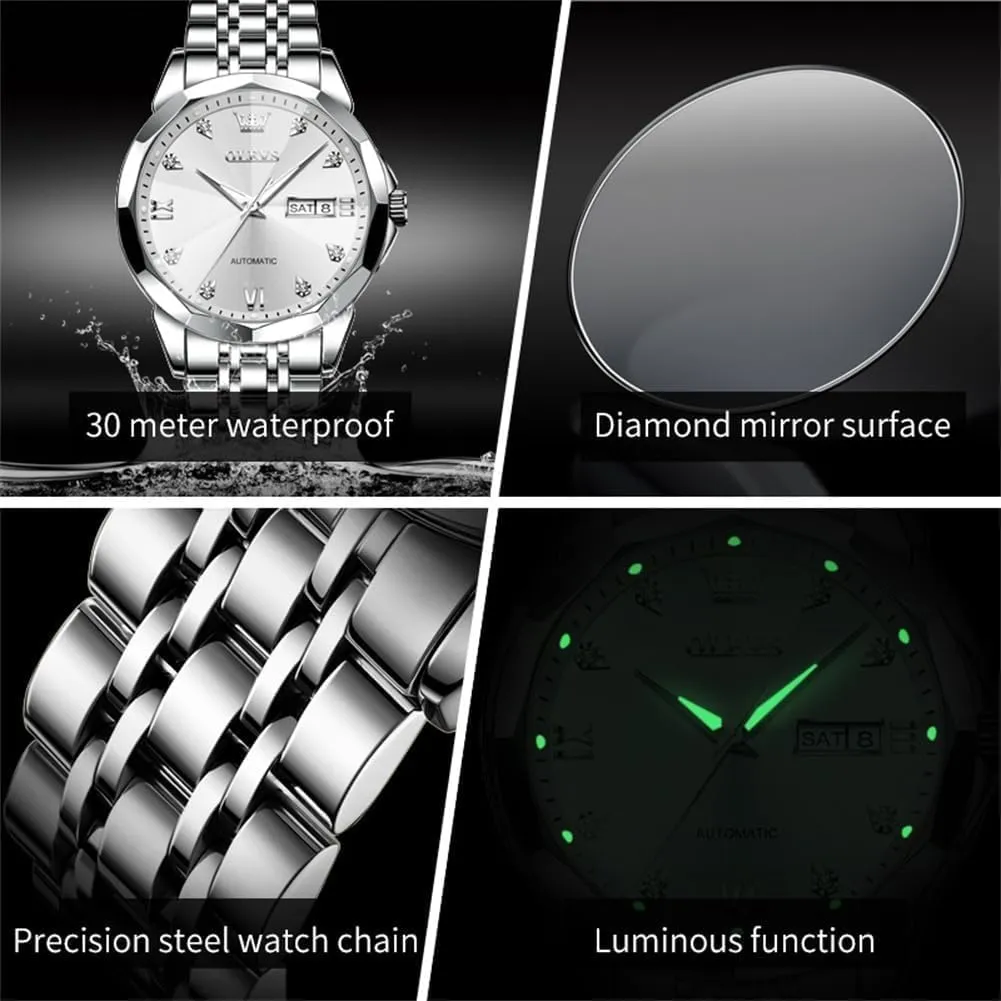OLEVS Watch for Men Automatic Classic Mechanical Watch Diamond Mirror Stainless Steel Dress Casual Waterproof Day/Date Calendar