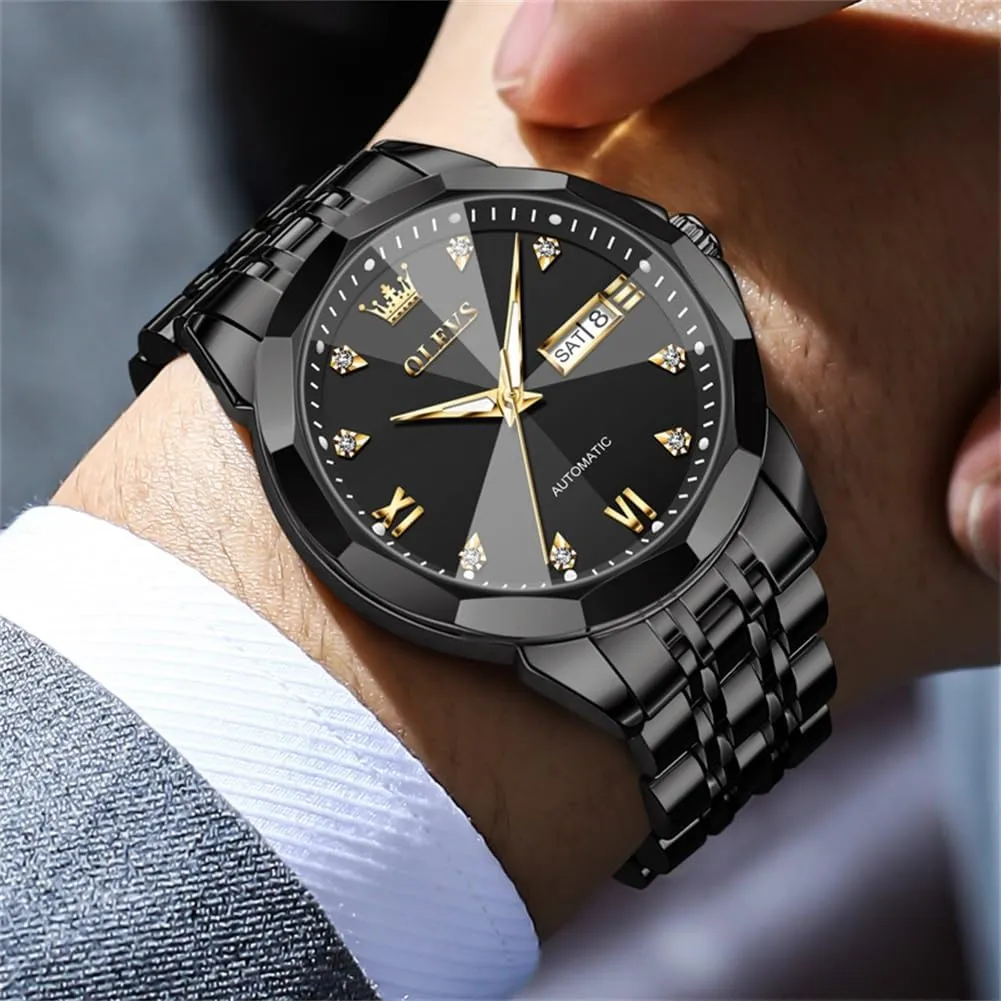 OLEVS Watch for Men Automatic Classic Mechanical Watch Diamond Mirror Stainless Steel Dress Casual Waterproof Day/Date Calendar