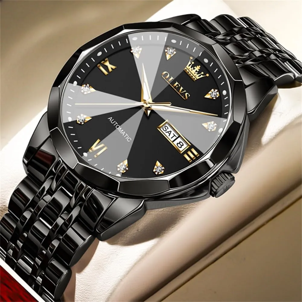 OLEVS Watch for Men Automatic Classic Mechanical Watch Diamond Mirror Stainless Steel Dress Casual Waterproof Day/Date Calendar
