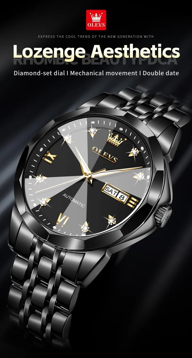 OLEVS Watch for Men Automatic Classic Mechanical Watch Diamond Mirror Stainless Steel Dress Casual Waterproof Day/Date Calendar