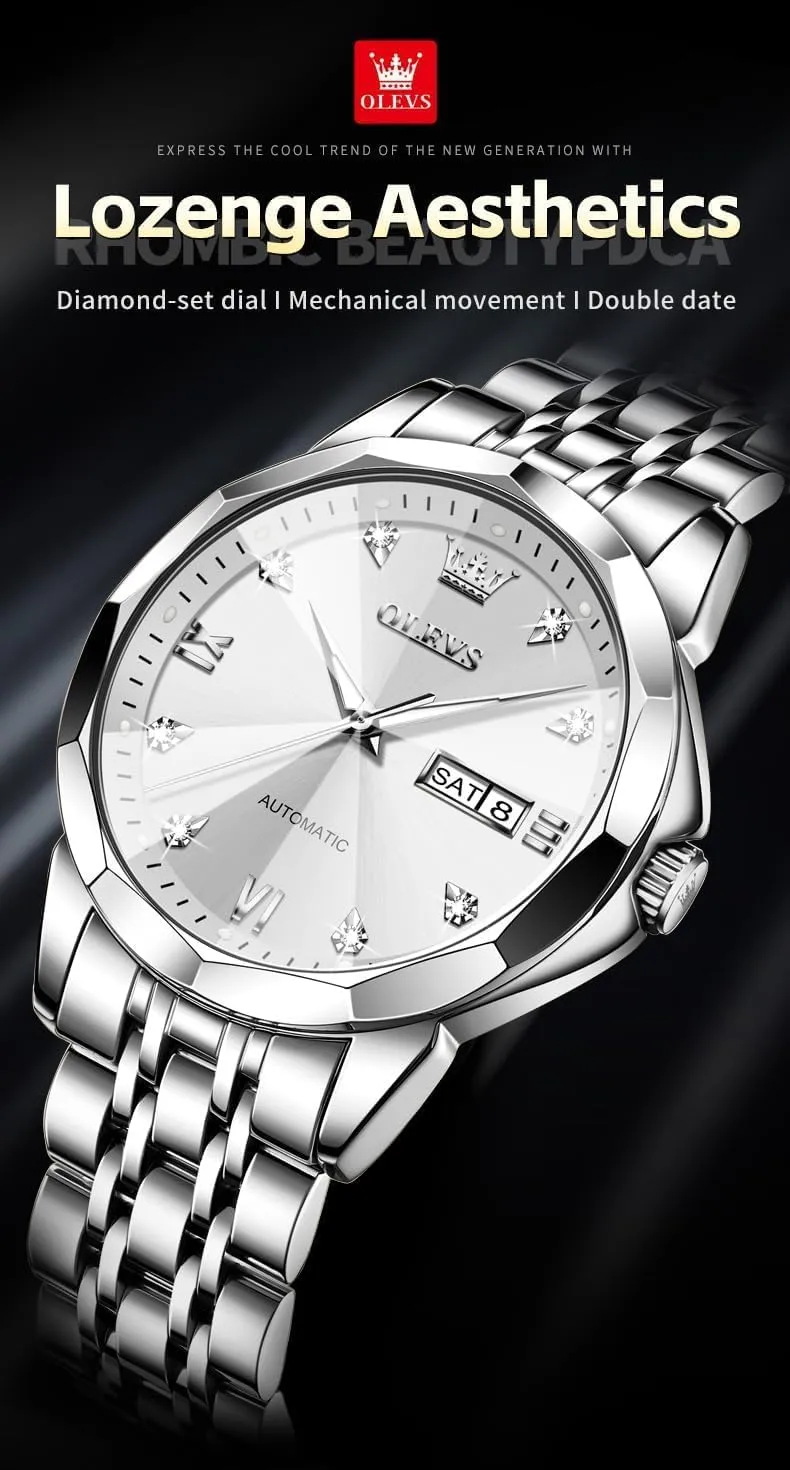 OLEVS Watch for Men Automatic Classic Mechanical Watch Diamond Mirror Stainless Steel Dress Casual Waterproof Day/Date Calendar