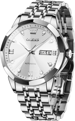 OLEVS Watch for Men Automatic Classic Mechanical Watch Diamond Mirror Stainless Steel Dress Casual Waterproof Day/Date Calendar