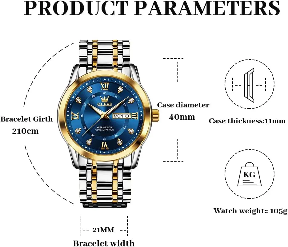 OLEVS Watch for Men Business Diamond Easy Read Men's Wrist Watches Analog Luxury Date Stainless Steel Waterproof Luminous Dress Mens Watches
