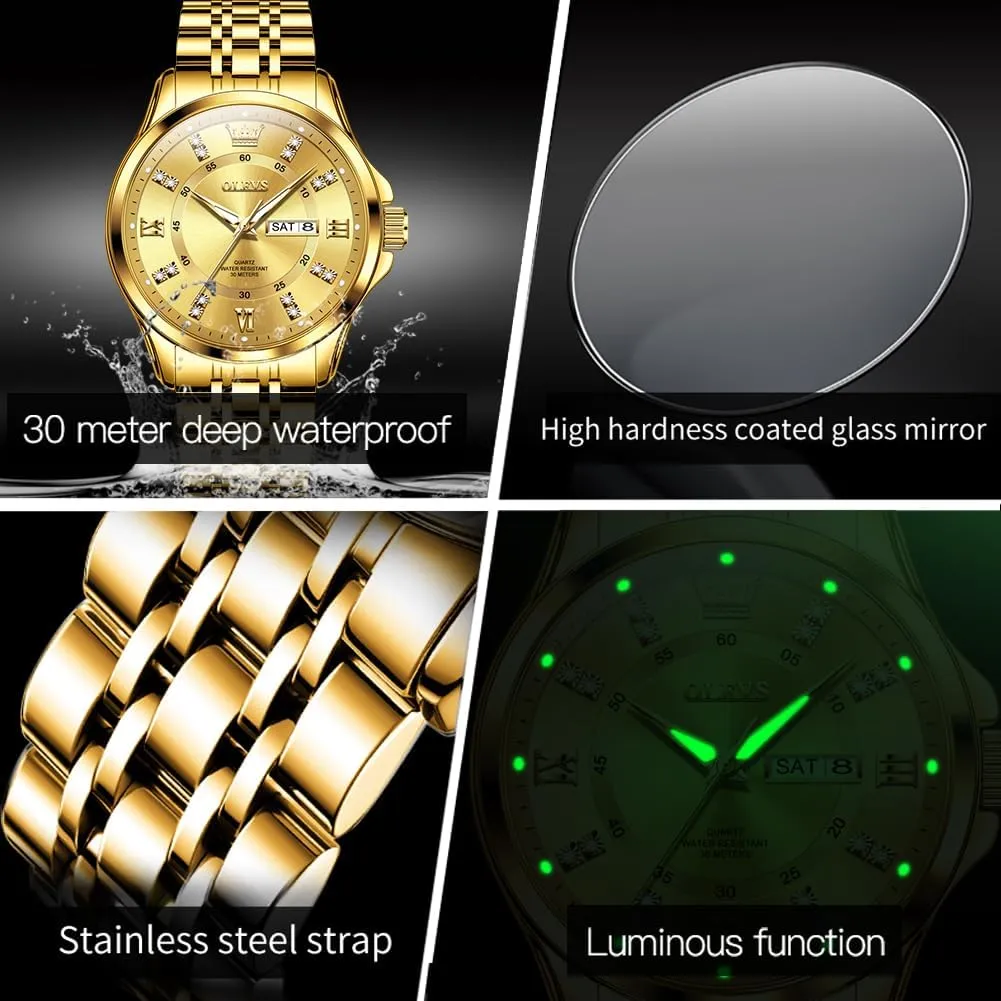 OLEVS Watch for Men Business Diamond Easy Read Men's Wrist Watches Analog Luxury Date Stainless Steel Waterproof Luminous Dress Mens Watches