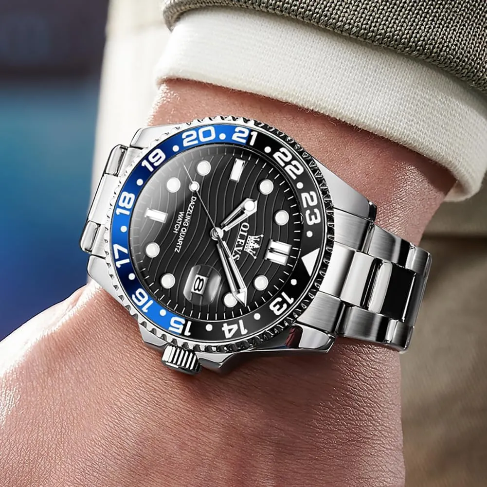OLEVS Watch for Men Business Dress Analog Quartz Stainless Steel Waterproof Luminous Date Dive Luxury Casual Men Watch Silver Men Wrist Watch