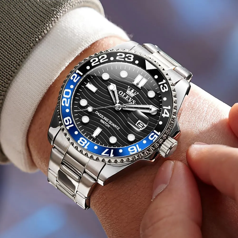 OLEVS Watch for Men Business Dress Analog Quartz Stainless Steel Waterproof Luminous Date Dive Luxury Casual Men Watch Silver Men Wrist Watch
