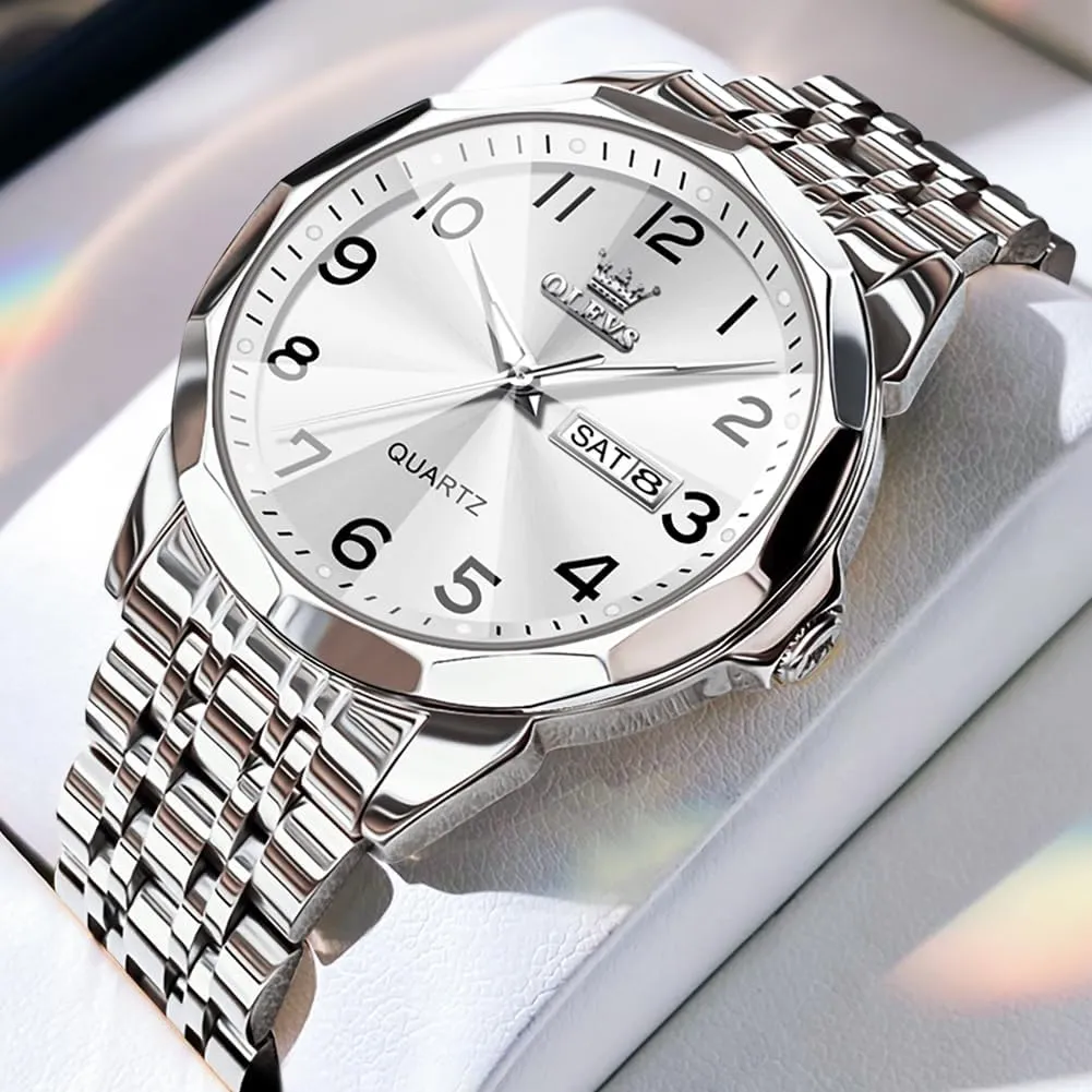 OLEVS Watch for Men Business Dress Diamond Analog Quartz Date Luxury Classic Stainless Steel Waterproof Luminous Two Tone Wrist Watch