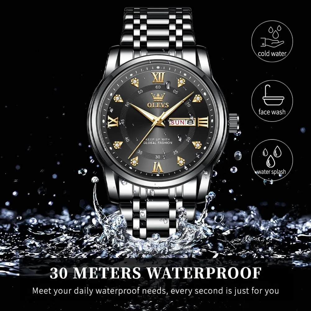 OLEVS Watch for Men Classic Business Dress Analog Quartz Stainless Steel Waterproof Luminous Date Diamond Men Silver Watch